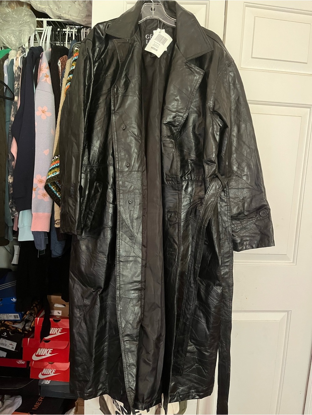Black Leather Trench Coat with Classic Collar